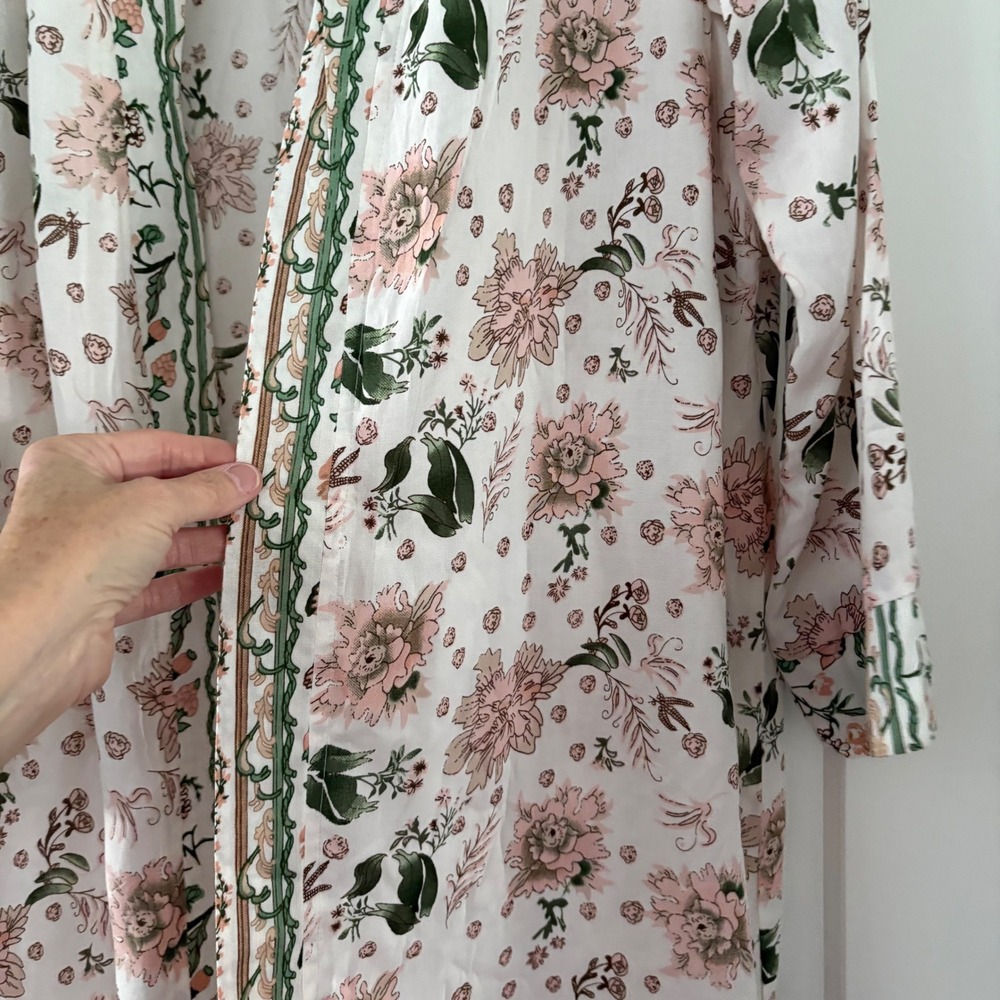 Rebellion Floral Kimono Duster Cardigan Pink Green Long Sleeve Open Front L - Picture 6 of 12